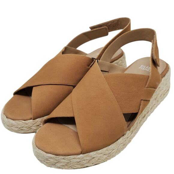 Eileen Fisher Women Tan Timor Espadrille Leather Wedge Sandals Size 9 Casual - Picture 1 of 9